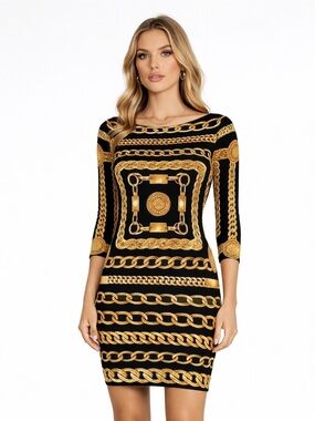 GoodTime Elegant Black and Gold Chain Print Bodycon Dress Medium S